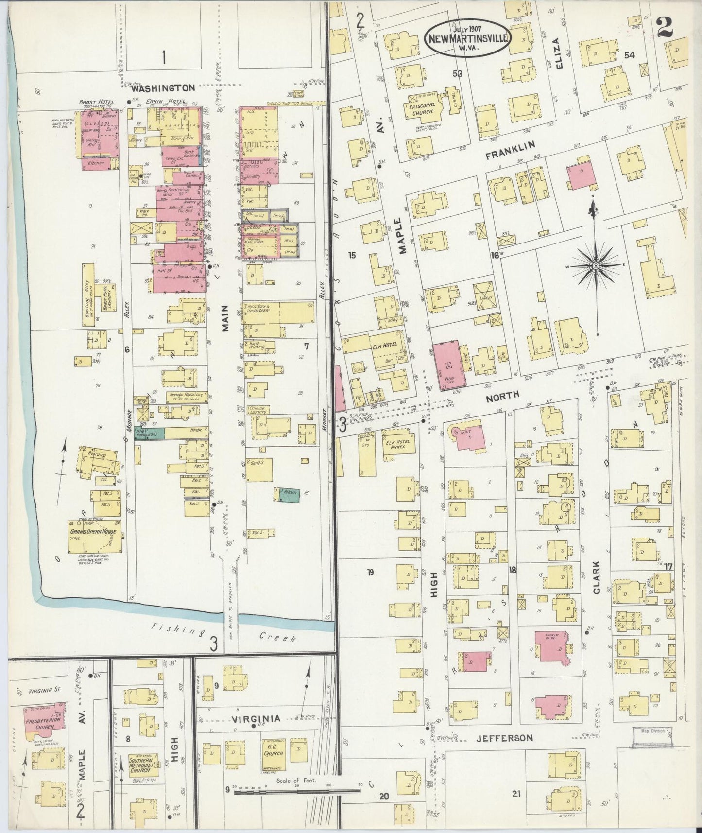 Sanborn Fire Insurance Map from New Martinsville, Wetzel County, West Virginia (1907), Sheet #0002 - Complete Map Set gallery image, historic Sanborn map, vintage wall art, West Virginia West Virginia