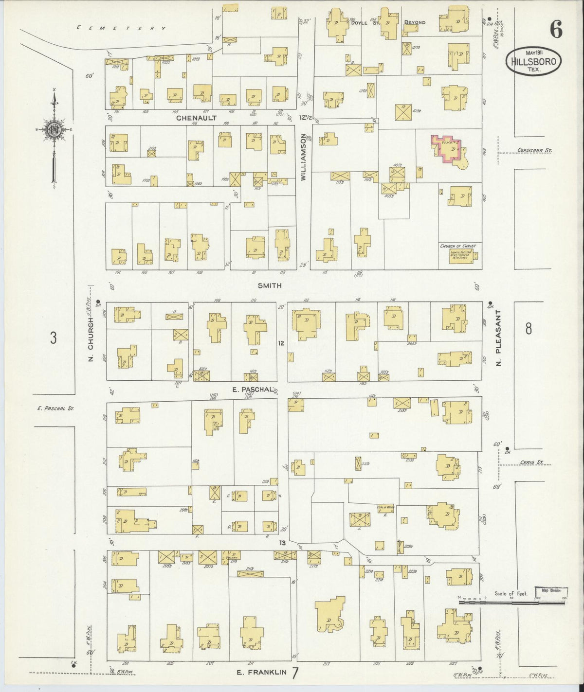 Sanborn Fire Insurance Map from Hillsboro, Hill County, Texas (1911), Sheet #0006 - Complete Map Set gallery image, historic Sanborn map, vintage wall art, Texas Texas