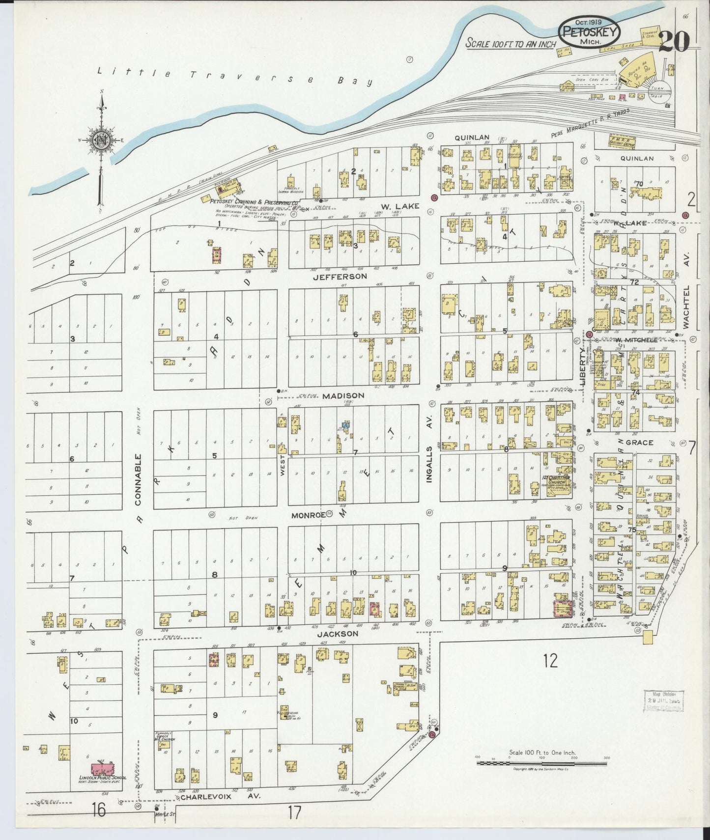 Sanborn Fire Insurance Map from Petoskey, Emmet County, Michigan (1919), Sheet #0020 - Historic Sanborn Fire Insurance Map Print, vintage old map wall art, antique decor, genealogy gift, Michigan Michigan map