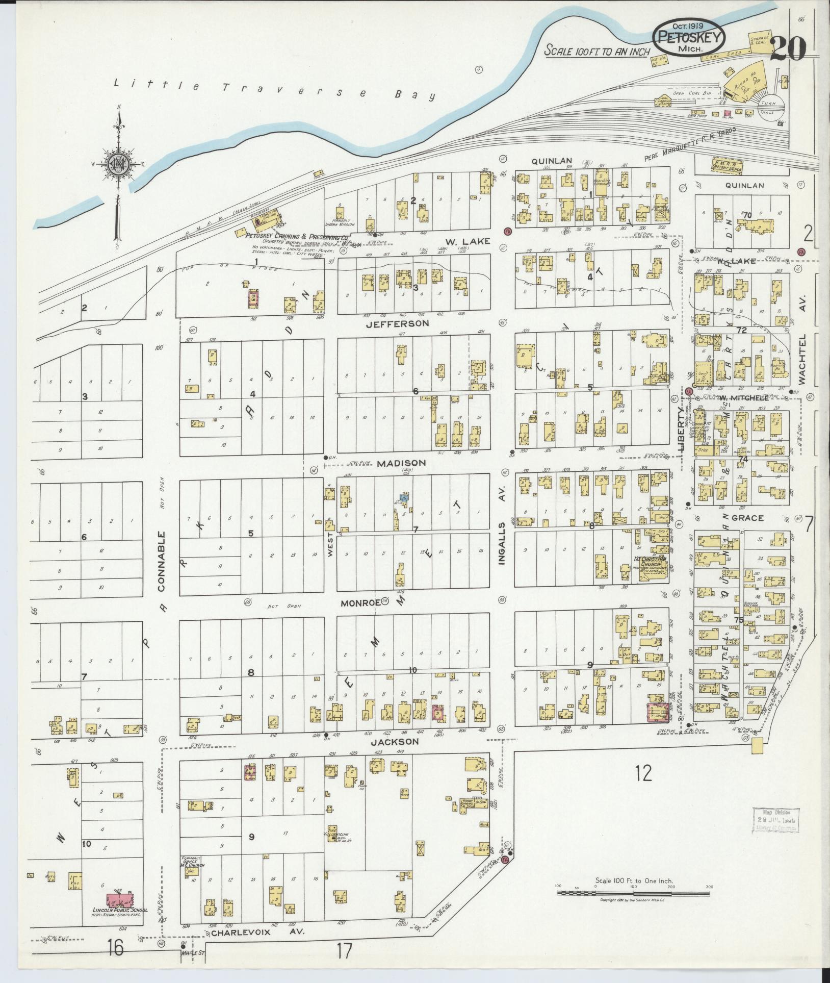 Sanborn Fire Insurance Map from Petoskey, Emmet County, Michigan (1919), Sheet #0020 - Historic Sanborn Fire Insurance Map Print, vintage old map wall art, antique decor, genealogy gift, Michigan Michigan map