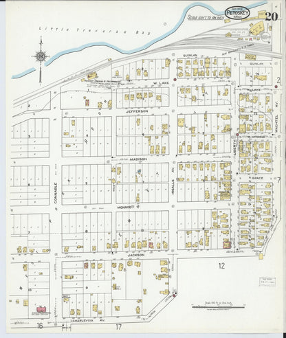 Sanborn Fire Insurance Map from Petoskey, Emmet County, Michigan (1919), Sheet #0020 - Historic Sanborn Fire Insurance Map Print, vintage old map wall art, antique decor, genealogy gift, Michigan Michigan map
