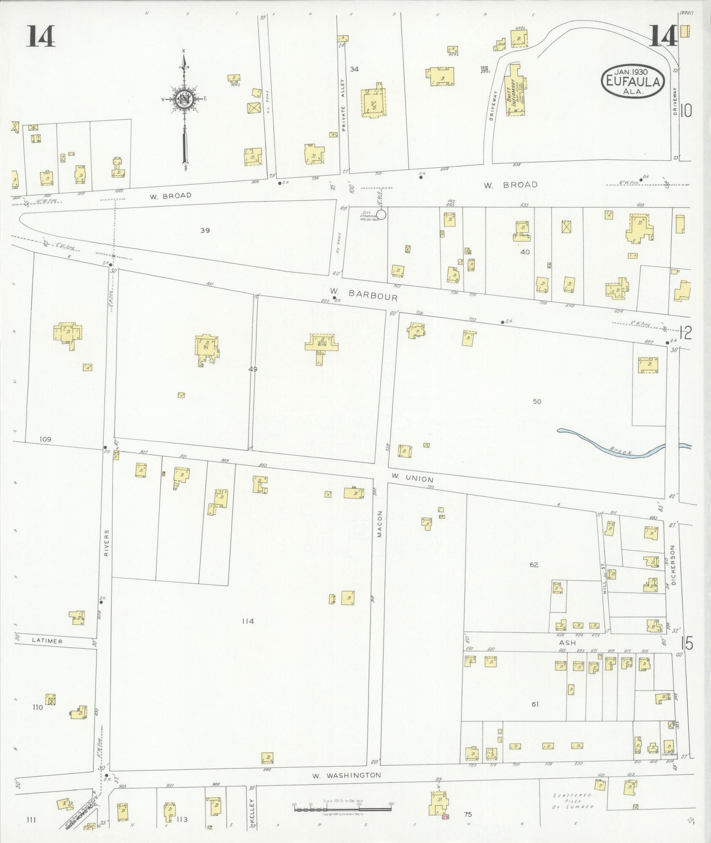 Sanborn Fire Insurance Map from Eufaula, Barbour County, Alabama (1930), Sheet #0014 - Historic Sanborn Fire Insurance Map Print, vintage old map wall art, antique decor, genealogy gift, Alabama Alabama map