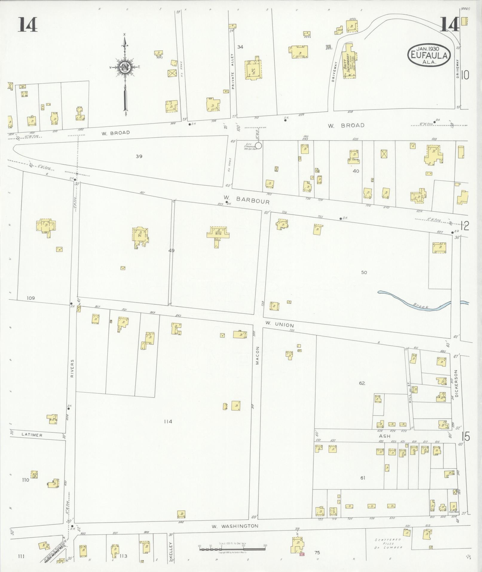 Sanborn Fire Insurance Map from Eufaula, Barbour County, Alabama (1930), Sheet #0014 - Historic Sanborn Fire Insurance Map Print, vintage old map wall art, antique decor, genealogy gift, Alabama Alabama map