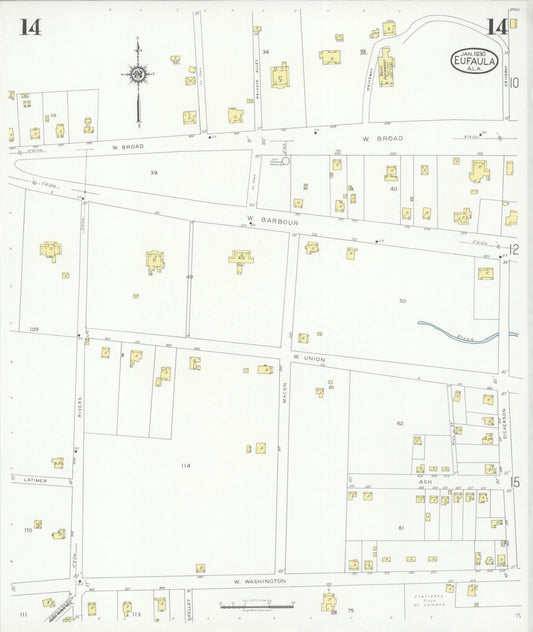 Sanborn Fire Insurance Map from Eufaula, Barbour County, Alabama (1930), Sheet #0014 - Historic Sanborn Fire Insurance Map Print, vintage old map wall art, antique decor, genealogy gift, Alabama Alabama map