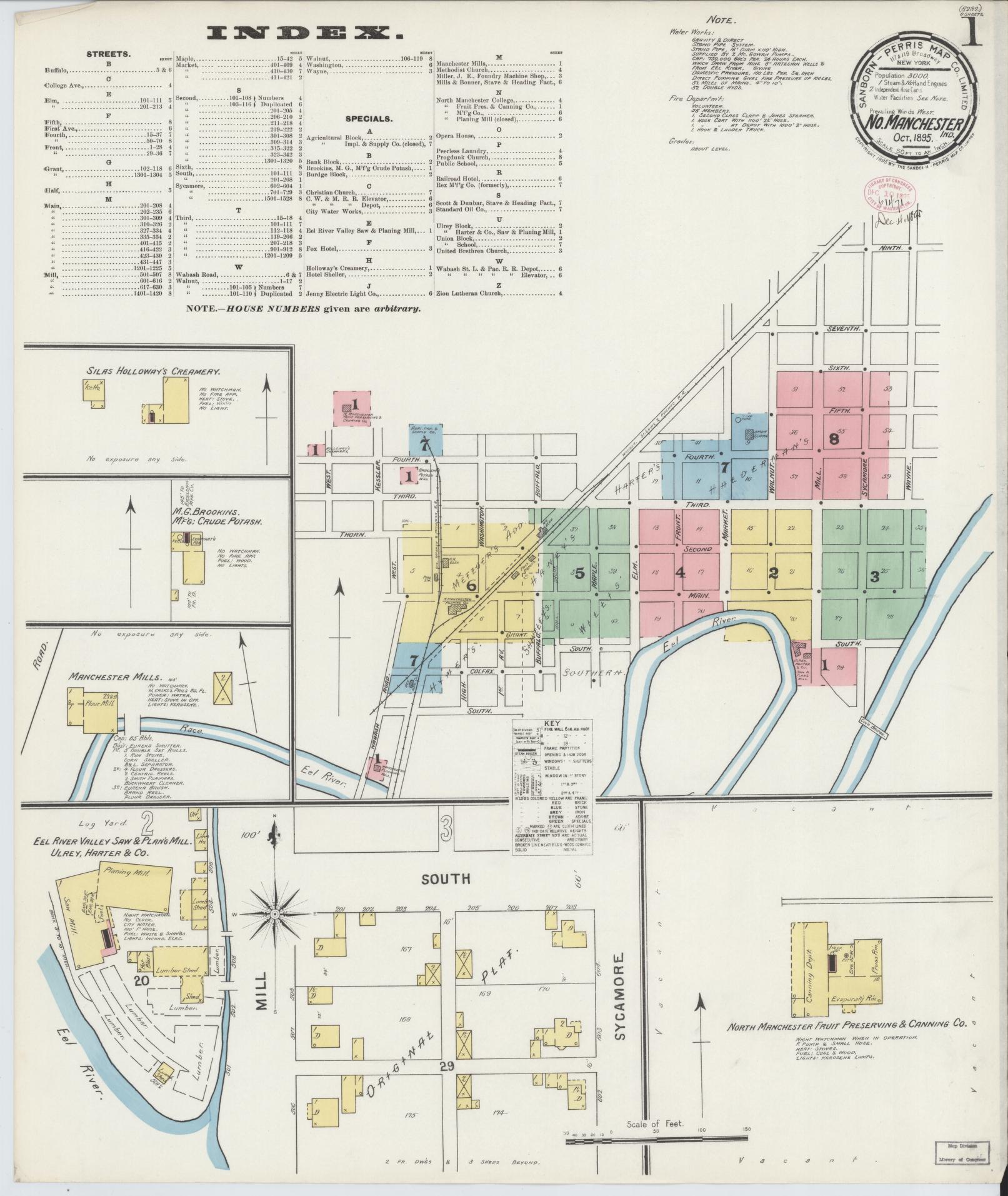 Sanborn Fire Insurance Map from North Manchester, Wabash County, Indiana (1895), Sheet #0001 - Complete Map Set gallery image, historic Sanborn map, vintage wall art, Indiana Indiana