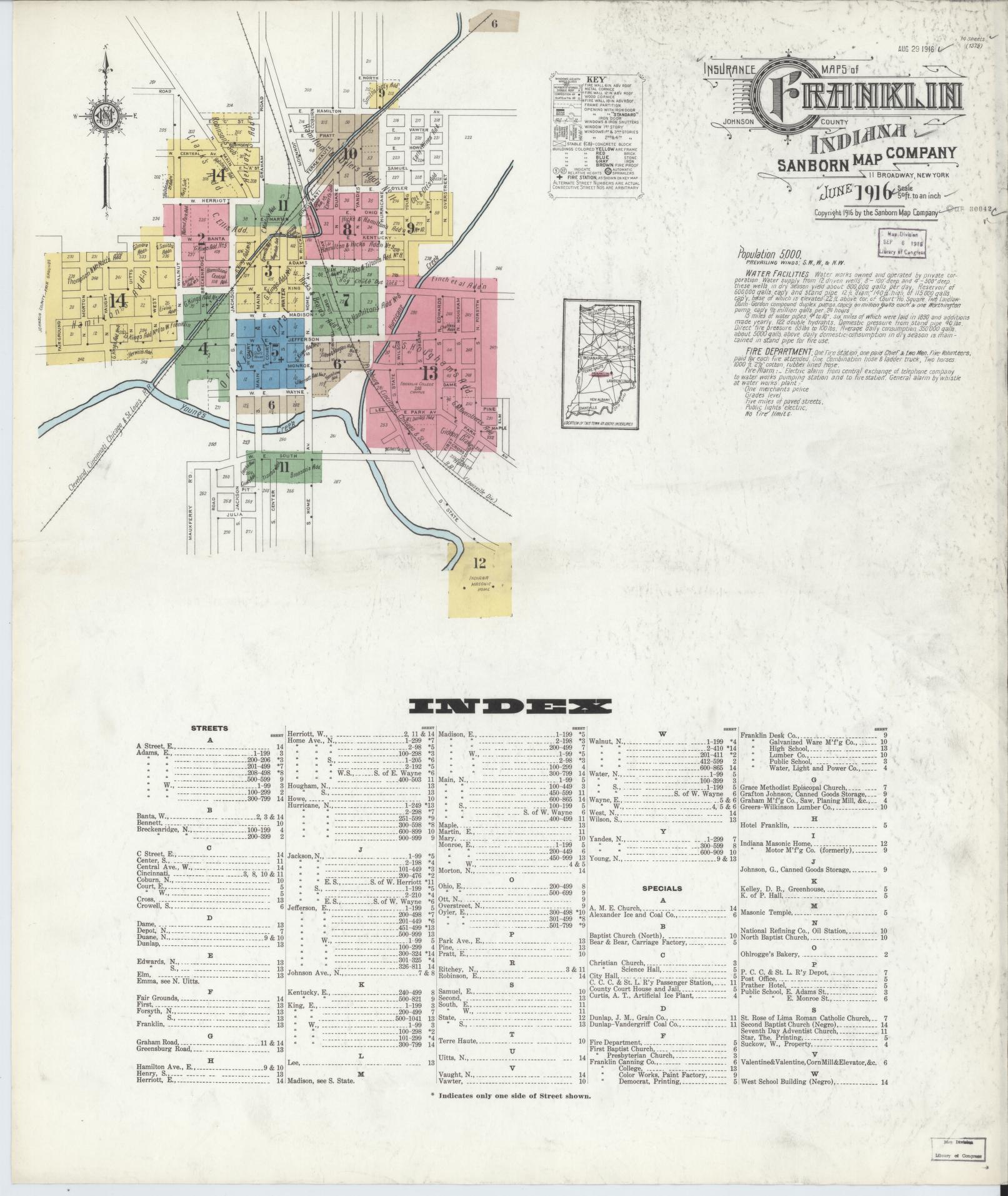 Sanborn Fire Insurance Map from Franklin, Johnson County, Indiana (1916), Sheet #0001 - Historic Sanborn Fire Insurance Map Print, vintage old map wall art, antique decor, genealogy gift, Indiana Indiana map