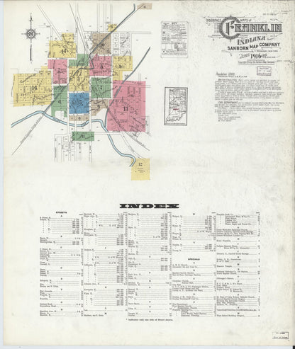 Sanborn Fire Insurance Map from Franklin, Johnson County, Indiana (1916), Sheet #0001 - Historic Sanborn Fire Insurance Map Print, vintage old map wall art, antique decor, genealogy gift, Indiana Indiana map
