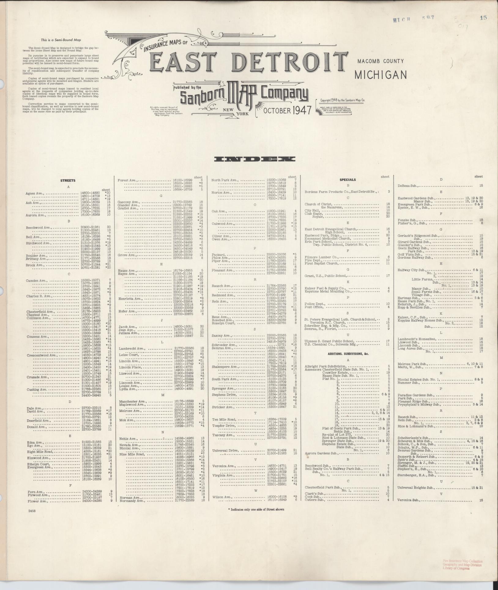 Sanborn Fire Insurance Map from East Detroit, Macomb County, Michigan (1950), Sheet #0001 - Historic Sanborn Fire Insurance Map Print, vintage old map wall art, antique decor, genealogy gift, Michigan Michigan map
