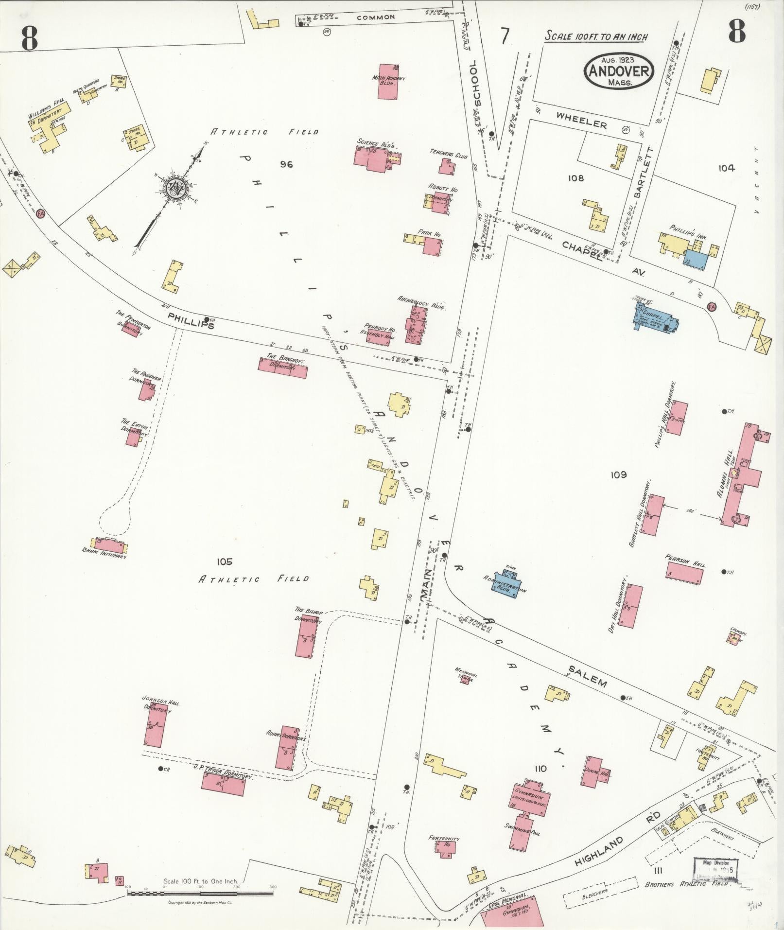Sanborn Fire Insurance Map from Andover, Essex County, Massachusetts (1923), Sheet #0008 - Historic Sanborn Fire Insurance Map Print, vintage old map wall art, antique decor, genealogy gift, Massachusetts Massachusetts map