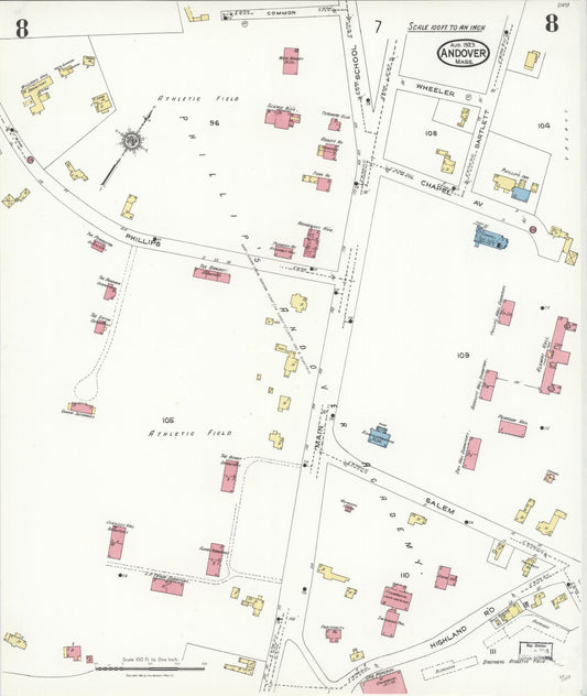 Sanborn Fire Insurance Map from Andover, Essex County, Massachusetts (1923), Sheet #0008 - Historic Sanborn Fire Insurance Map Print, vintage old map wall art, antique decor, genealogy gift, Massachusetts Massachusetts map