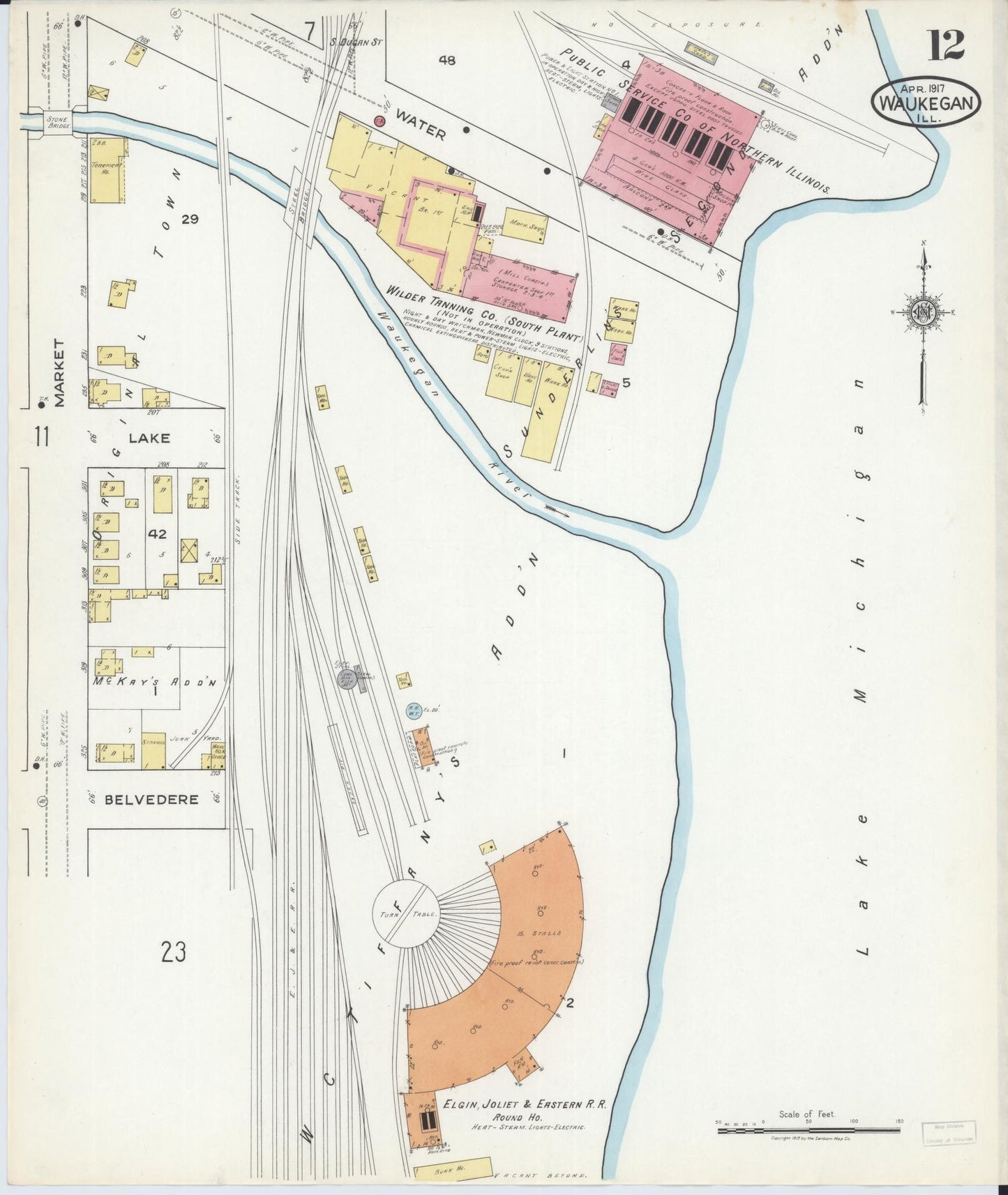 Sanborn Fire Insurance Map from Waukegan, Lake County, Illinois (1917), Sheet #0012 - Complete Map Set gallery image, historic Sanborn map, vintage wall art, Illinois Illinois