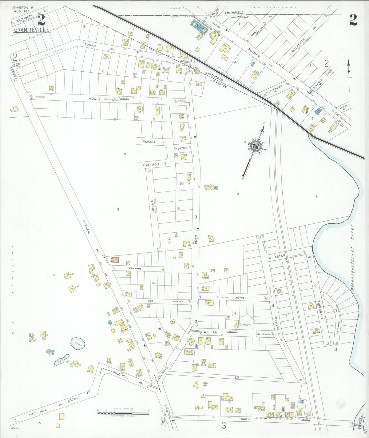 Sanborn Fire Insurance Map from Johnston, Providence County, Rhode Island (1945), Sheet #0002 - Historic Sanborn Fire Insurance Map Print, vintage old map wall art, antique decor, genealogy gift, Rhode Island Rhode Island map