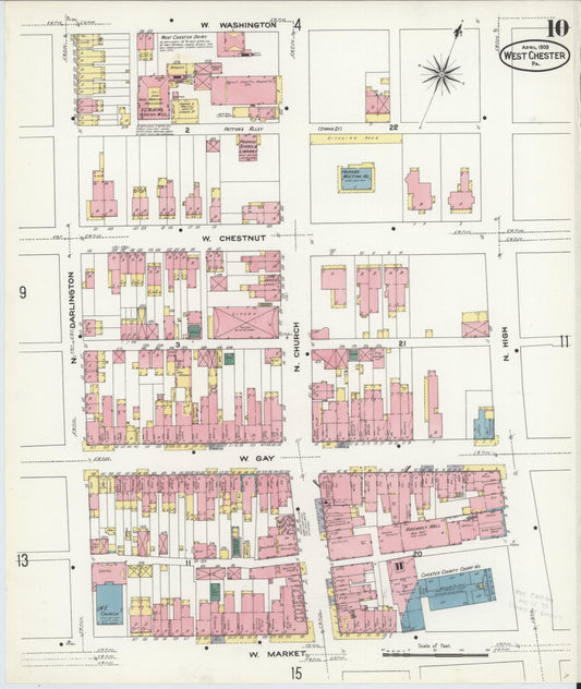 Sanborn Fire Insurance Map from West Chester, Chester County, Pennsylvania (1909), Sheet #0010 - Historic Sanborn Fire Insurance Map Print, vintage old map wall art, antique decor, genealogy gift, Pennsylvania Pennsylvania map