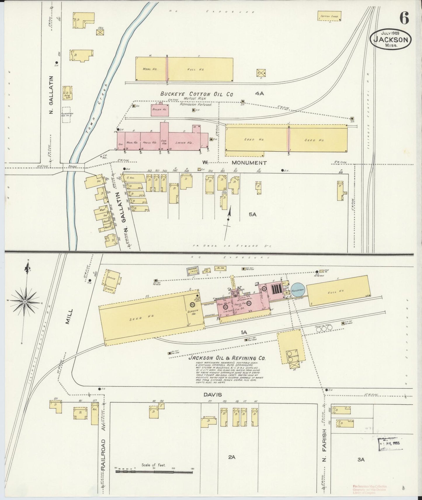 Sanborn Fire Insurance Map from Jackson, Hinds County, Mississippi (1909), Sheet #0006 - Historic Sanborn Fire Insurance Map Print, vintage old map wall art, antique decor, genealogy gift, Mississippi Mississippi map