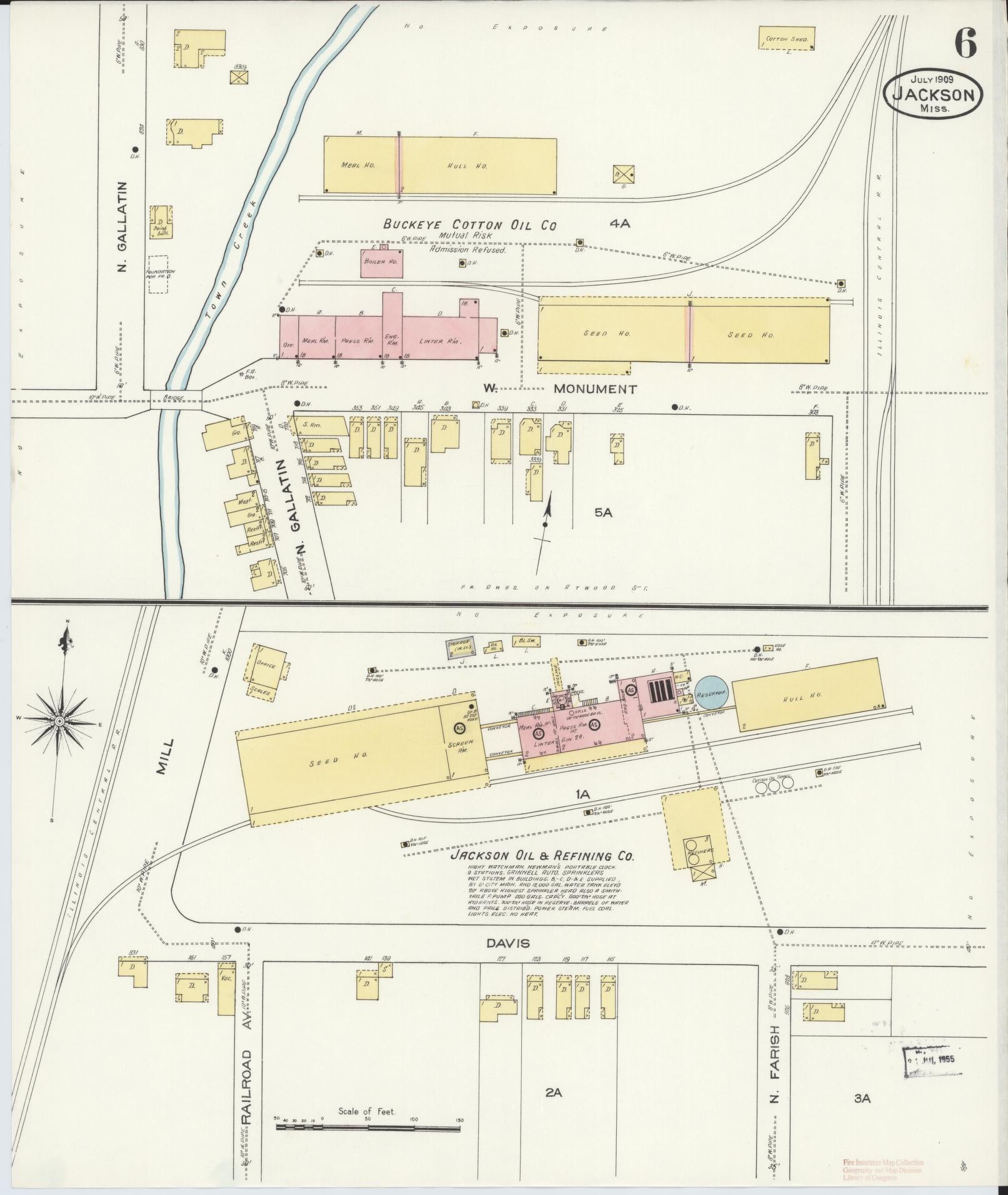 Sanborn Fire Insurance Map from Jackson, Hinds County, Mississippi (1909), Sheet #0006 - Historic Sanborn Fire Insurance Map Print, vintage old map wall art, antique decor, genealogy gift, Mississippi Mississippi map