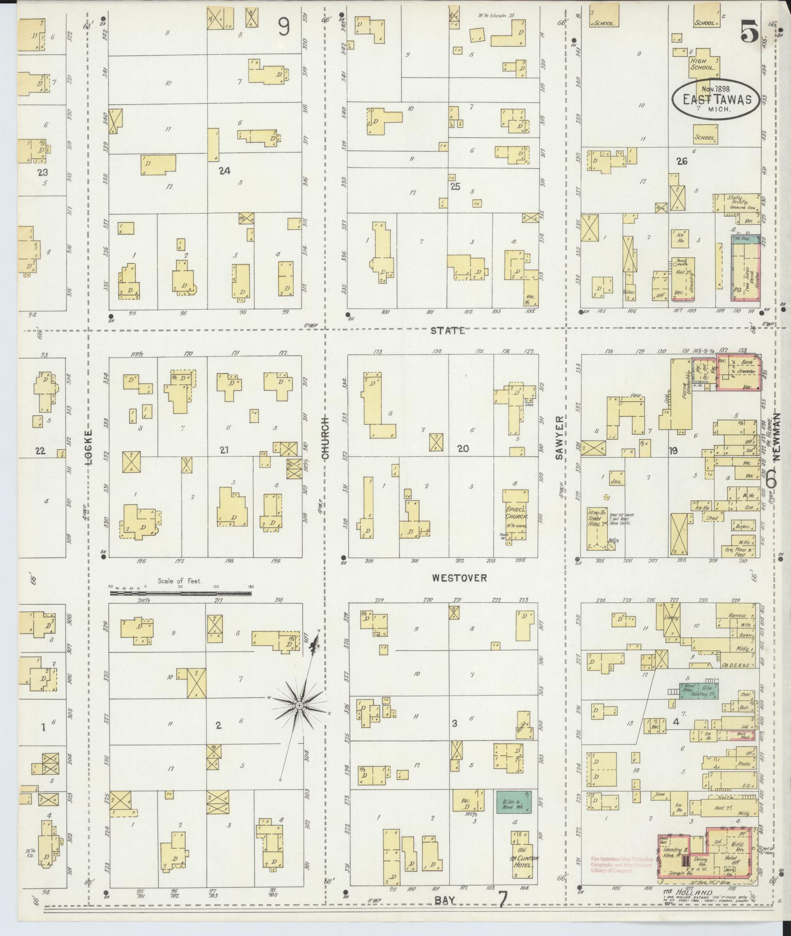 Sanborn Fire Insurance Map from East Tawas, Iosco County, Michigan (1898), Sheet #0005 - Historic Sanborn Fire Insurance Map Print, vintage old map wall art, antique decor, genealogy gift, Michigan Michigan map