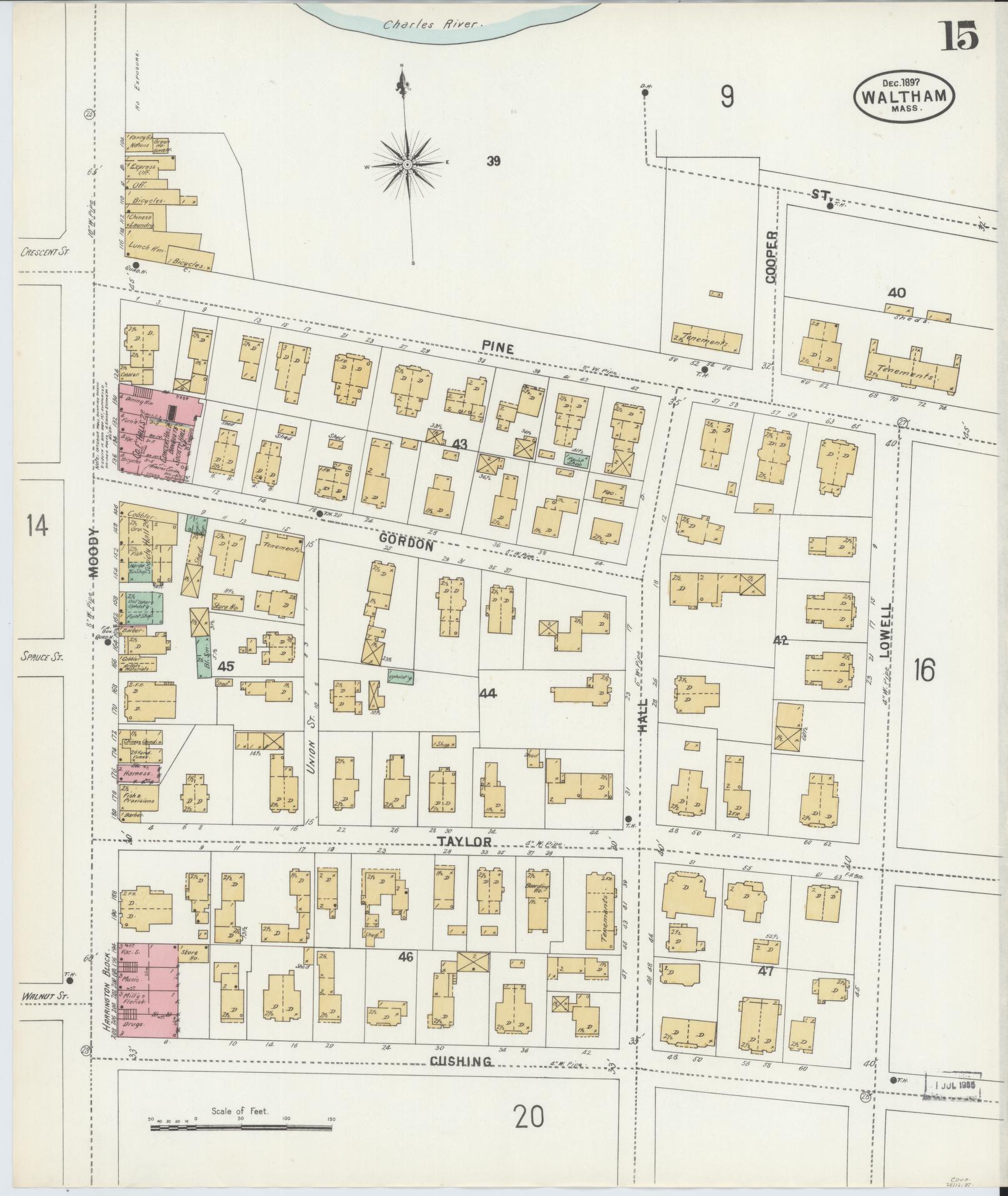 Sanborn Fire Insurance Map from Waltham, Middlesex County, Massachusetts (1897), Sheet #0015 - Complete Map Set gallery image, historic Sanborn map, vintage wall art, Massachusetts Massachusetts
