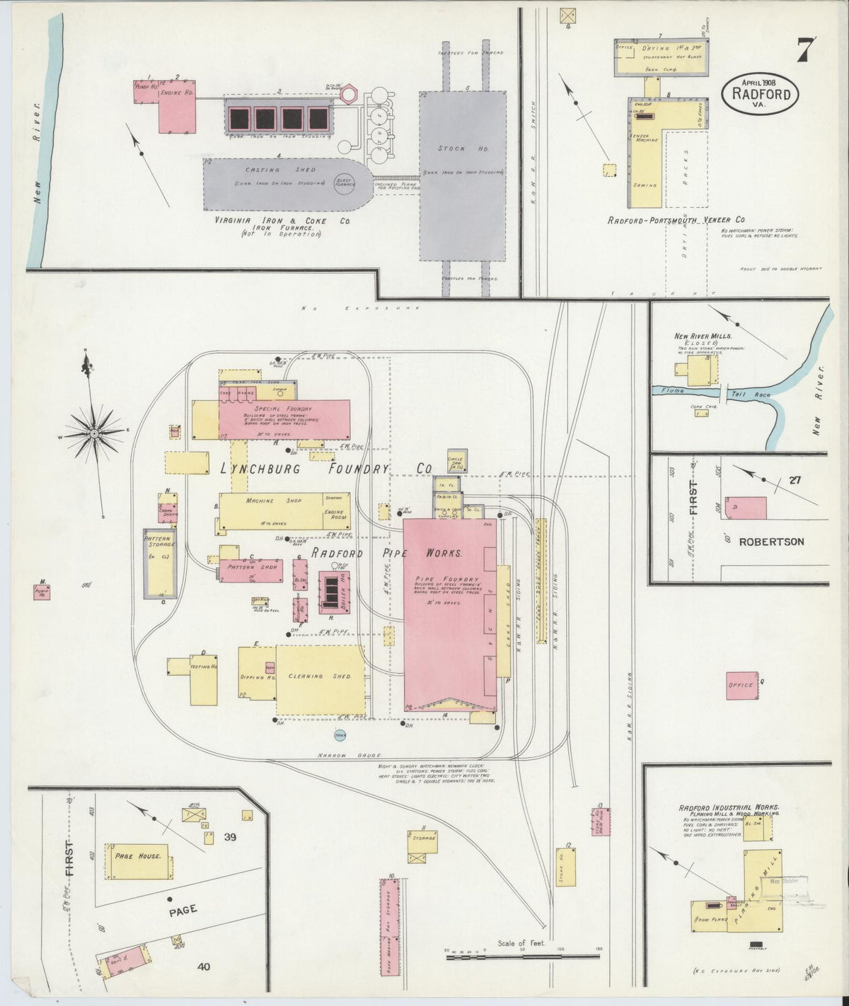 Sanborn Fire Insurance Map from Radford, Independent Cities, Virginia (1908), Sheet #0007 - Complete Map Set gallery image, historic Sanborn map, vintage wall art, Virginia Virginia