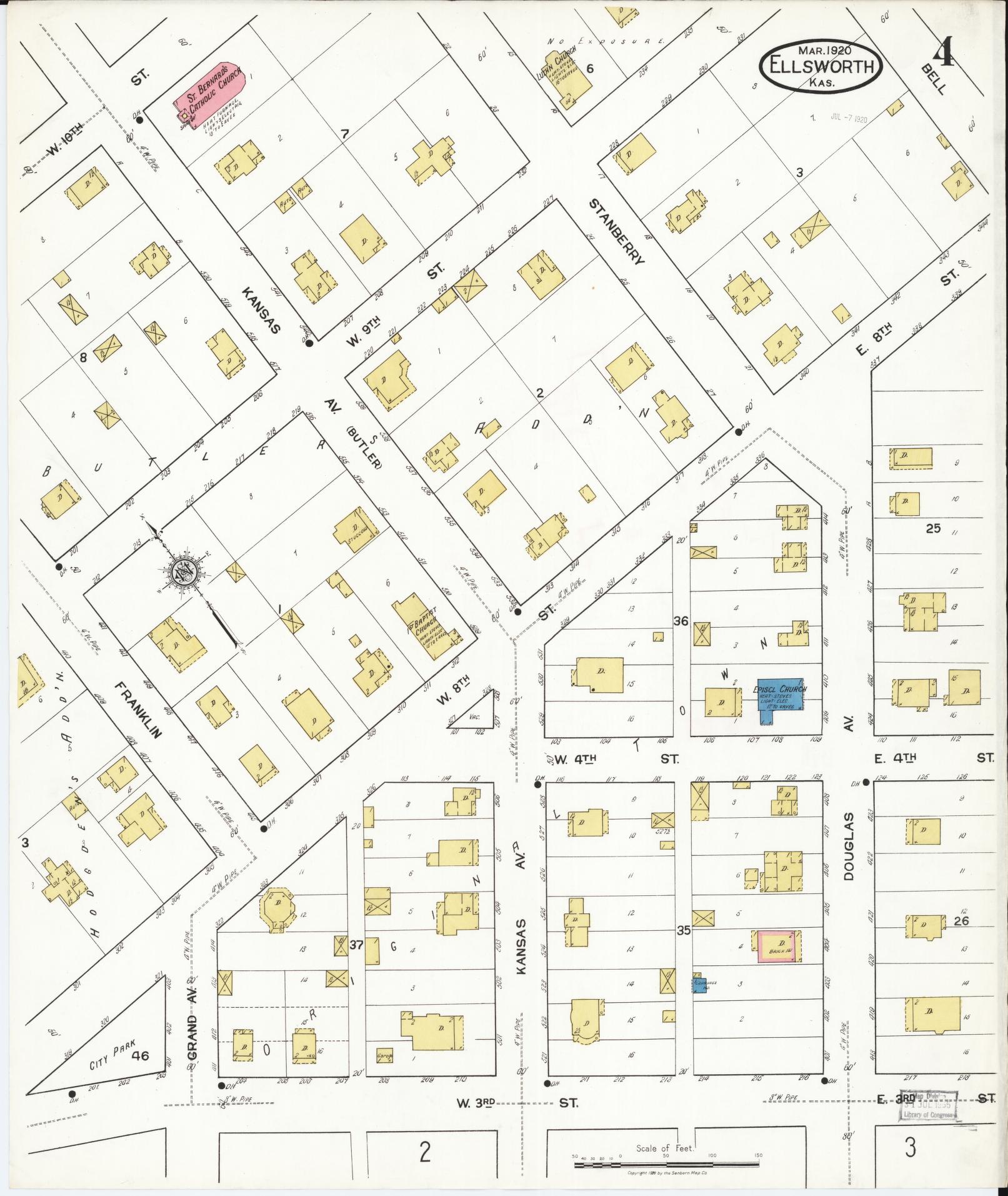 Sanborn Fire Insurance Map from Ellsworth, Ellsworth County, Kansas (1920), Sheet #0004 - Complete Map Set gallery image, historic Sanborn map, vintage wall art, Kansas Kansas