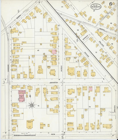 Sanborn Fire Insurance Map from New Bern, Craven County, North Carolina (1904), Sheet #0006 - Historic Sanborn Fire Insurance Map Print, vintage old map wall art, antique decor, genealogy gift, North Carolina North Carolina map