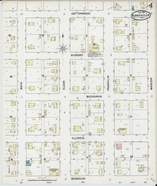 Sanborn Fire Insurance Map from Kirksville, Adair County, Missouri (1891), Sheet #0004 - Historic Sanborn Fire Insurance Map Print, vintage old map wall art, antique decor, genealogy gift, Missouri Missouri map