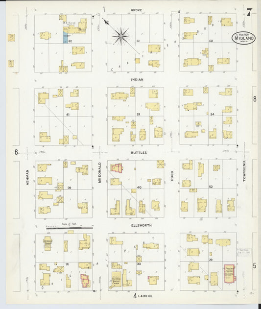 Sanborn Fire Insurance Map from Midland, Midland County, Michigan (1909), Sheet #0007 - Historic Sanborn Fire Insurance Map Print, vintage old map wall art, antique decor, genealogy gift, Michigan Michigan map