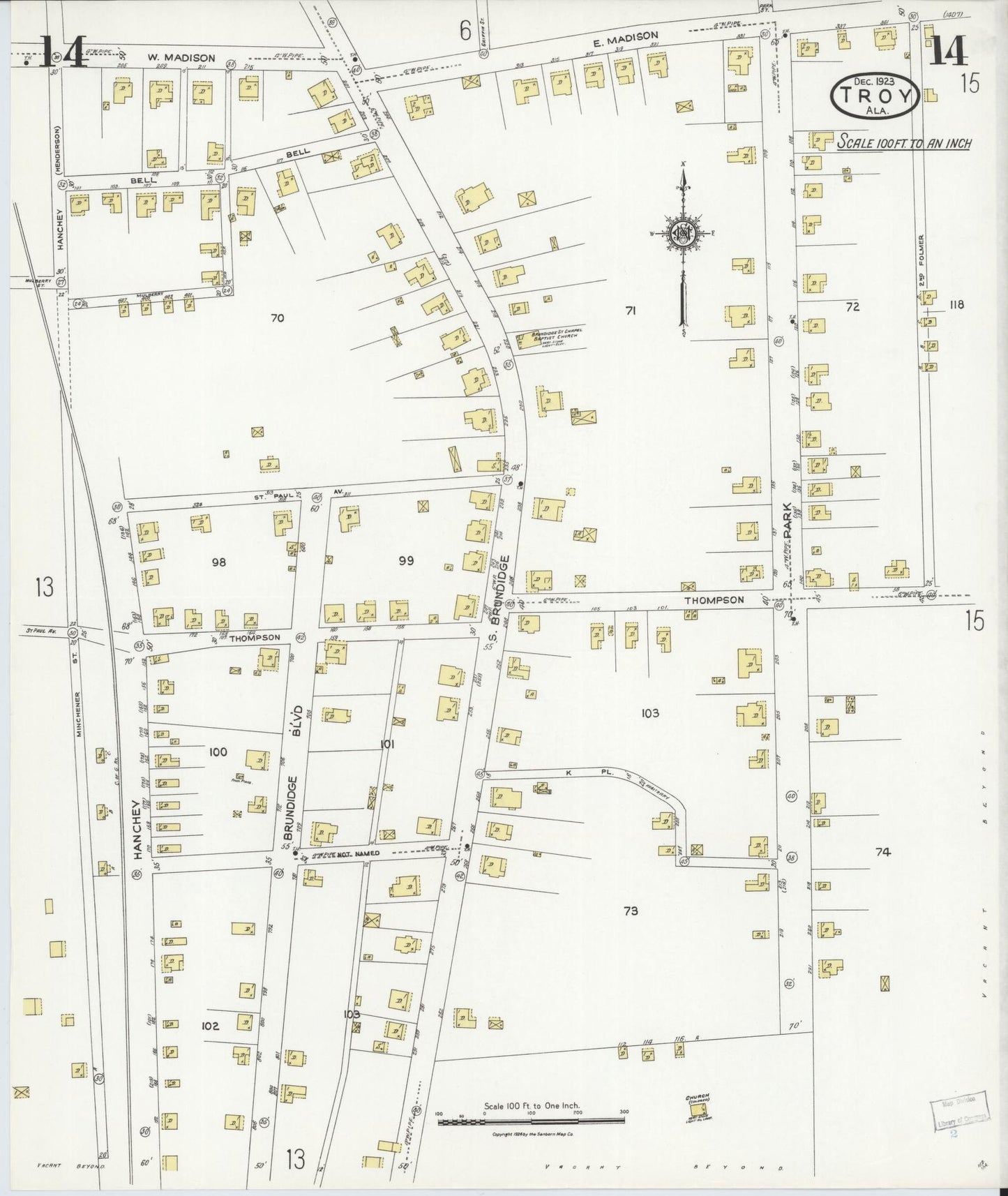Sanborn Fire Insurance Map from Troy, Pike County, Alabama (1923), Sheet #0014 - Complete Map Set gallery image, historic Sanborn map, vintage wall art, Alabama Alabama