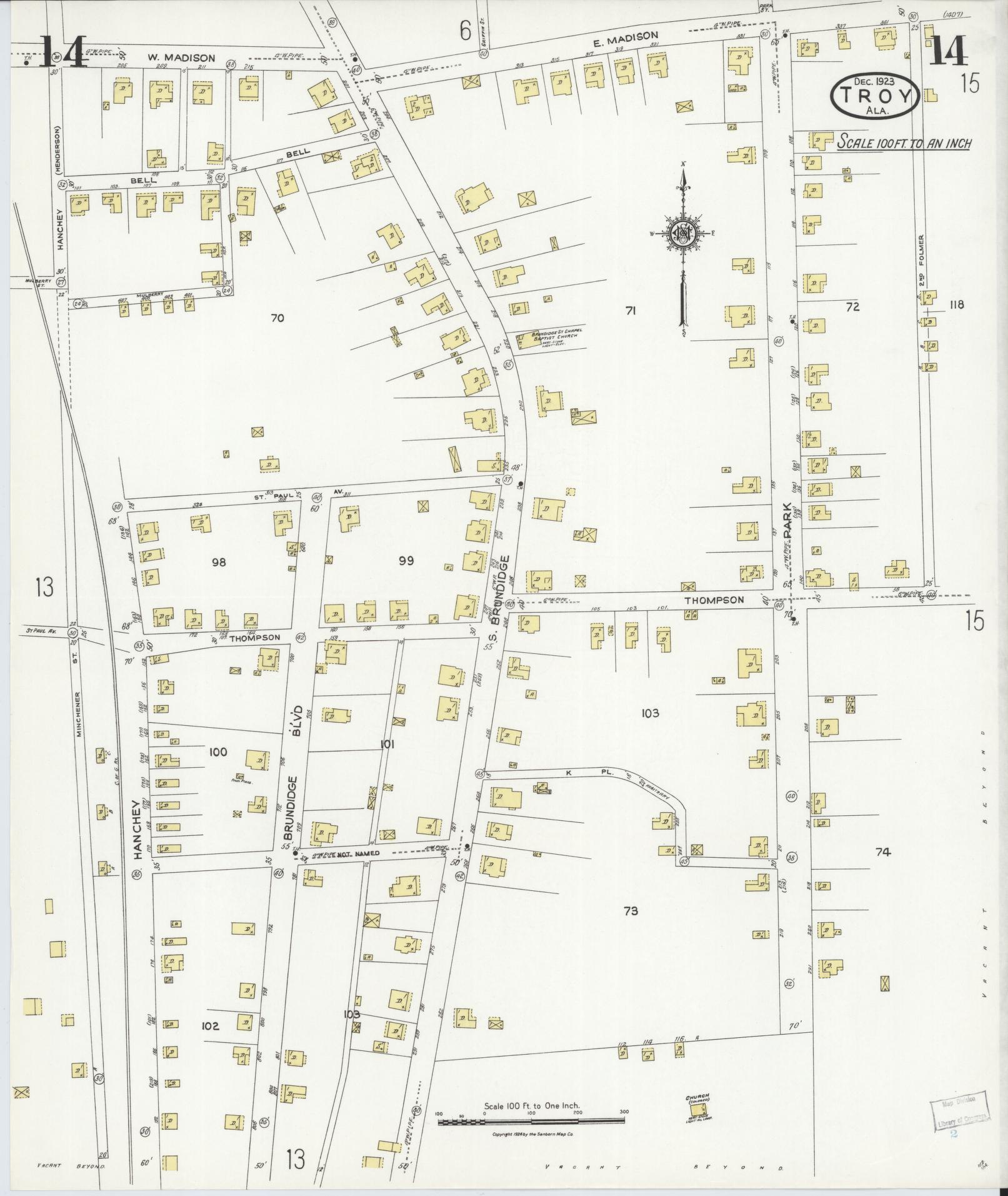 Sanborn Fire Insurance Map from Troy, Pike County, Alabama (1923), Sheet #0014 - Complete Map Set gallery image, historic Sanborn map, vintage wall art, Alabama Alabama
