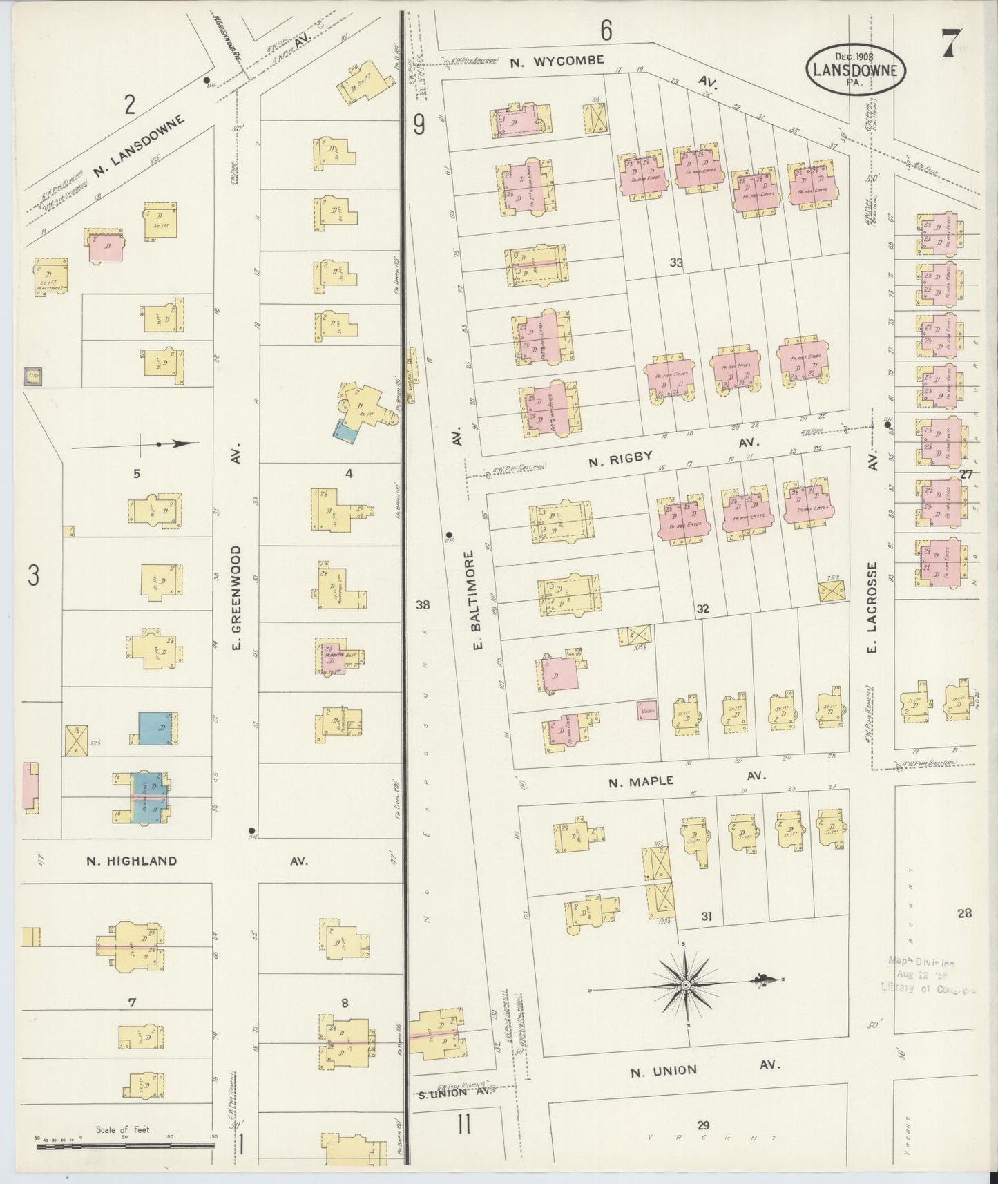 Sanborn Fire Insurance Map from Lansdowne, Delaware County, Pennsylvania (1908), Sheet #0007 - Complete Map Set gallery image, historic Sanborn map, vintage wall art, Pennsylvania Pennsylvania