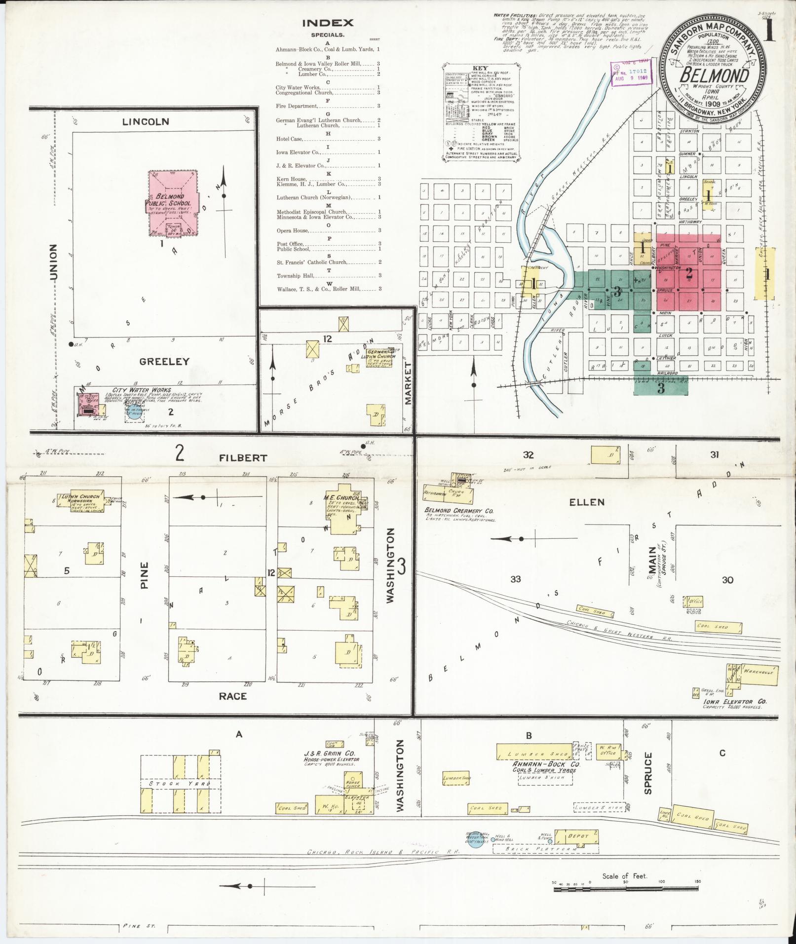 Sanborn Fire Insurance Map from Belmond, Wright County, Iowa (1909), Sheet #0001 - Historic Sanborn Fire Insurance Map Print, vintage old map wall art