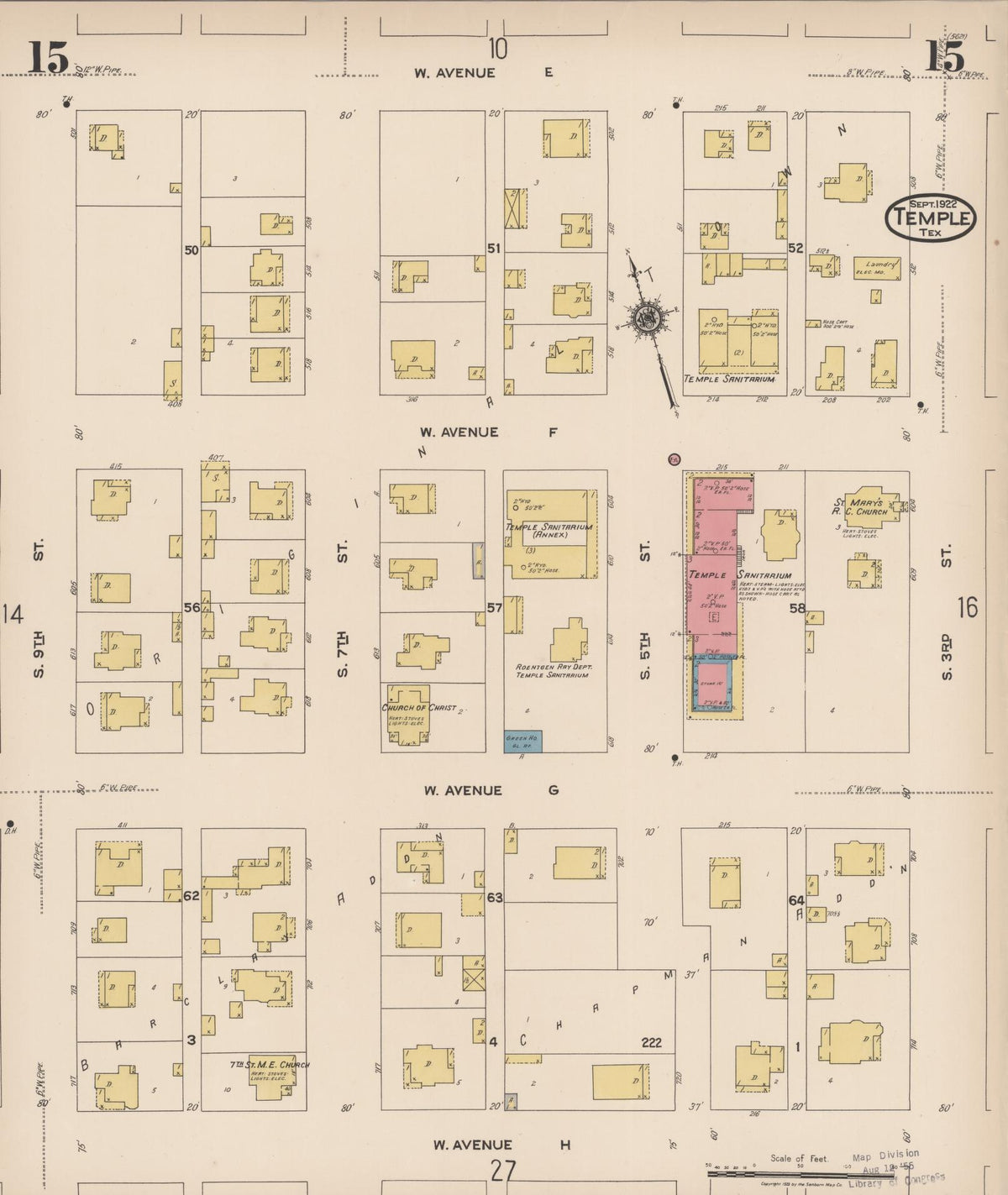 Sanborn Fire Insurance Map from Temple, Bell County, Texas (1922), Sheet #0015 - Historic Sanborn Fire Insurance Map Print, vintage old map wall art, antique decor, genealogy gift, Texas Texas map