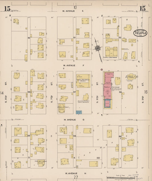 Sanborn Fire Insurance Map from Temple, Bell County, Texas (1922), Sheet #0015 - Historic Sanborn Fire Insurance Map Print, vintage old map wall art, antique decor, genealogy gift, Texas Texas map