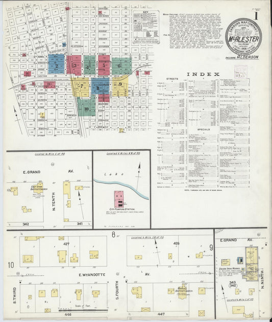 Sanborn Fire Insurance Map from McAlester, Pittsburg County, Oklahoma (1908), Sheet #0001 - Complete Map Set gallery image, historic Sanborn map, vintage wall art, Oklahoma Oklahoma