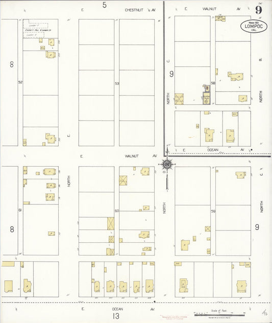 Sanborn Fire Insurance Map from Lompoc, Santa Barbara County, California (1921), Sheet #0009 - Historic Sanborn Fire Insurance Map Print, vintage old map wall art, antique decor, genealogy gift, California California map