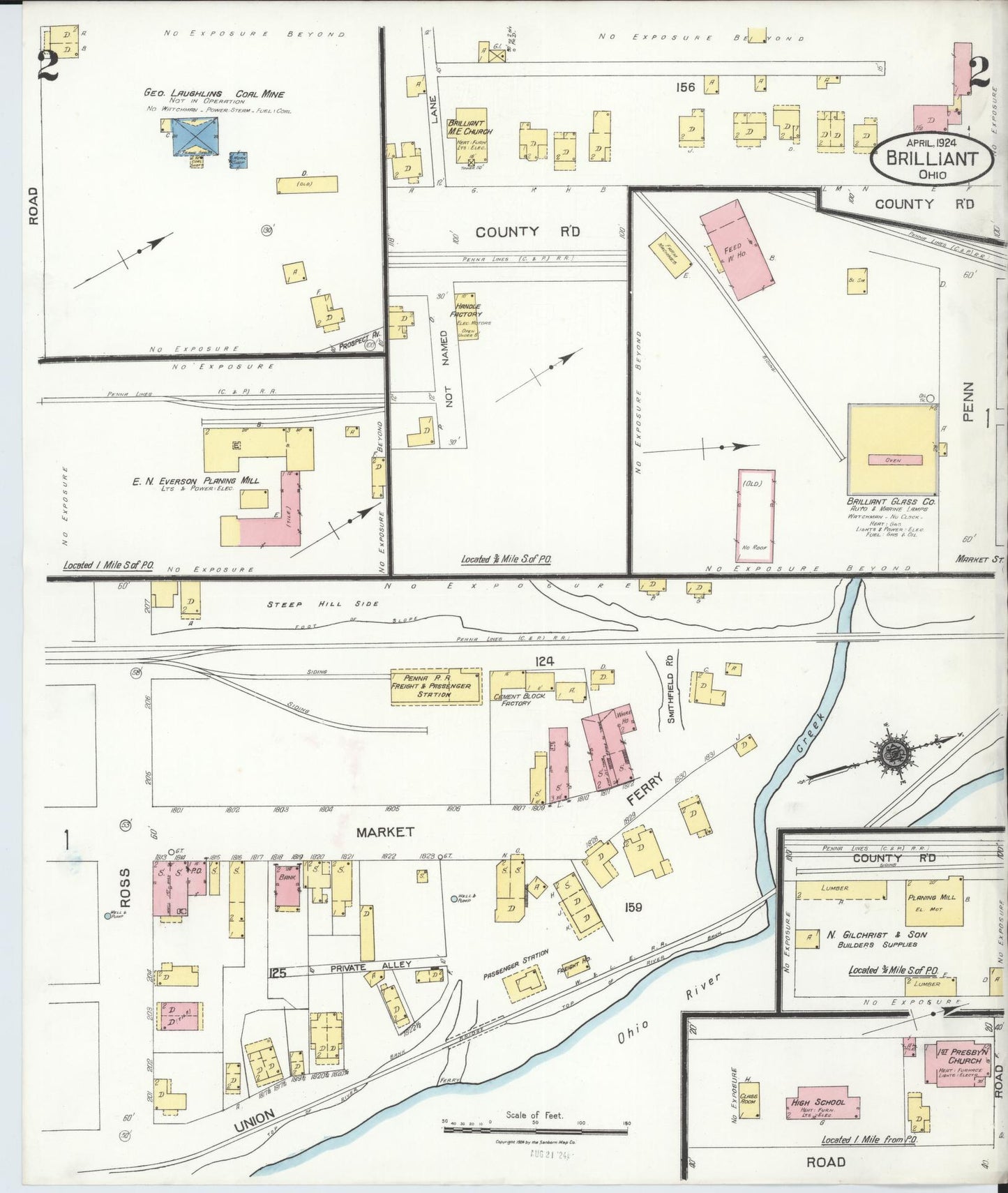 Sanborn Fire Insurance Map from Brilliant, Jefferson County, Ohio (1924), Sheet #0002 - Historic Sanborn Fire Insurance Map Print, vintage old map wall art, antique decor, genealogy gift, Ohio Ohio map