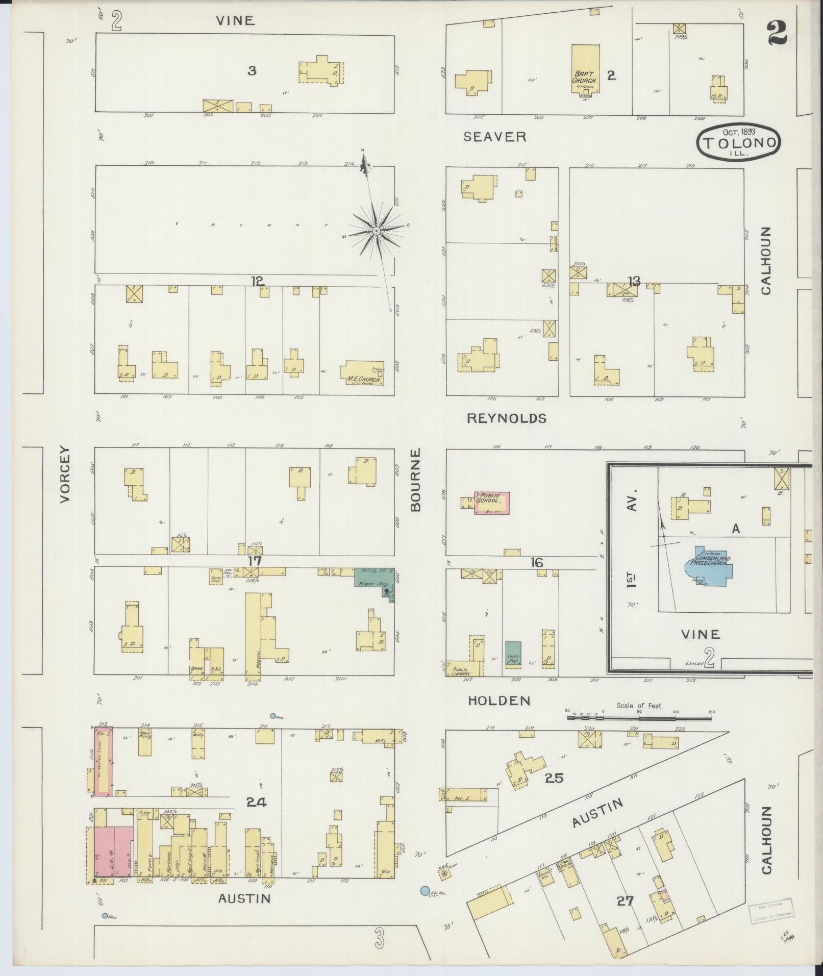 Sanborn Fire Insurance Map from Tolono, Champaign County, Illinois (1893), Sheet #0002 - Complete Map Set gallery image, historic Sanborn map, vintage wall art, Illinois Illinois