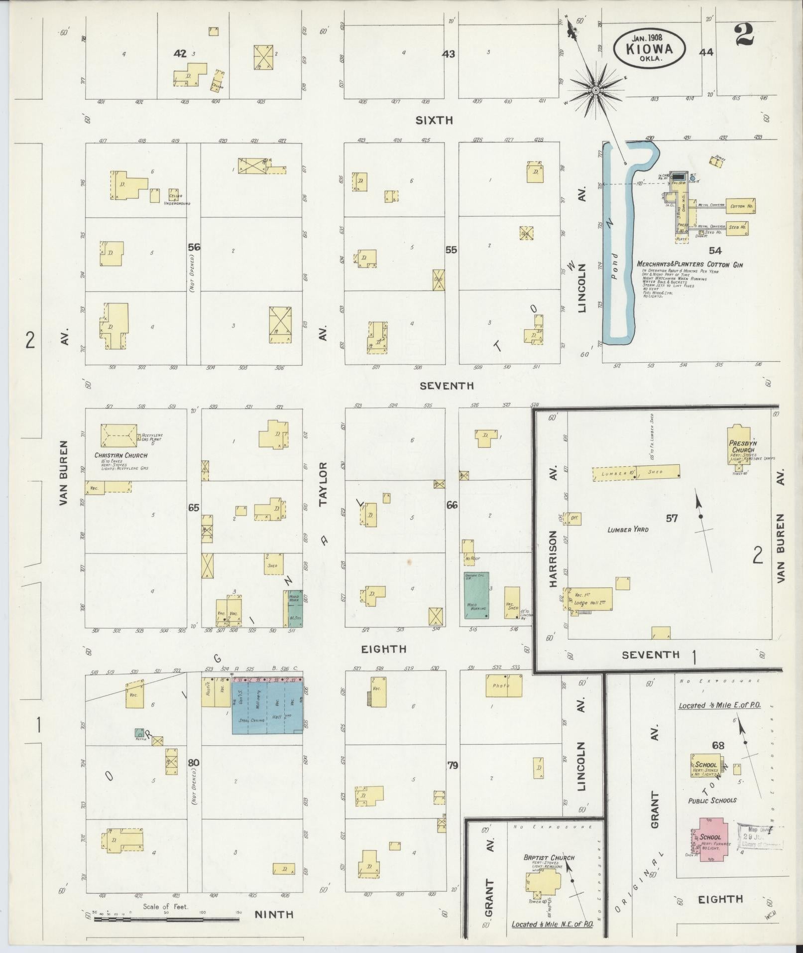 Sanborn Fire Insurance Map from Kiowa, Pittsburg County, Oklahoma (1908), Sheet #0002 - Historic Sanborn Fire Insurance Map Print, vintage old map wall art, antique decor, genealogy gift, Oklahoma Oklahoma map
