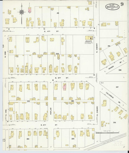 Sanborn Fire Insurance Map from Marysville, Union County, Ohio (1910), Sheet #0009 - Historic Sanborn Fire Insurance Map Print, vintage old map wall art, antique decor, genealogy gift, Ohio Ohio map