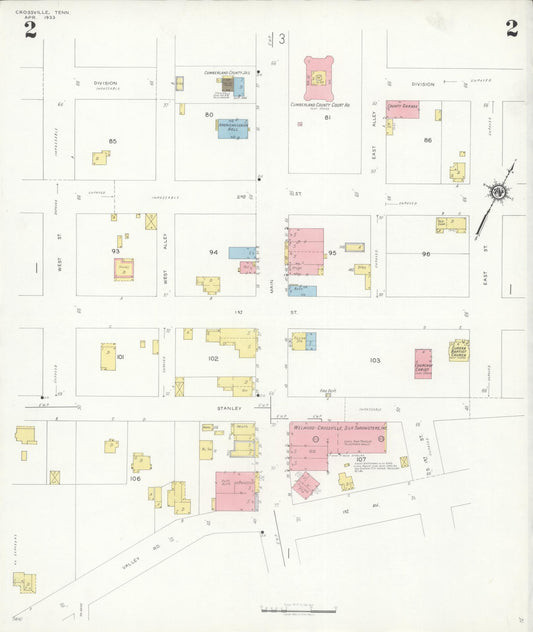Sanborn Fire Insurance Map from Crossville, Cumberland County, Tennessee (1933), Sheet #0002 - Historic Sanborn Fire Insurance Map Print, vintage old map wall art, antique decor, genealogy gift, Tennessee Tennessee map