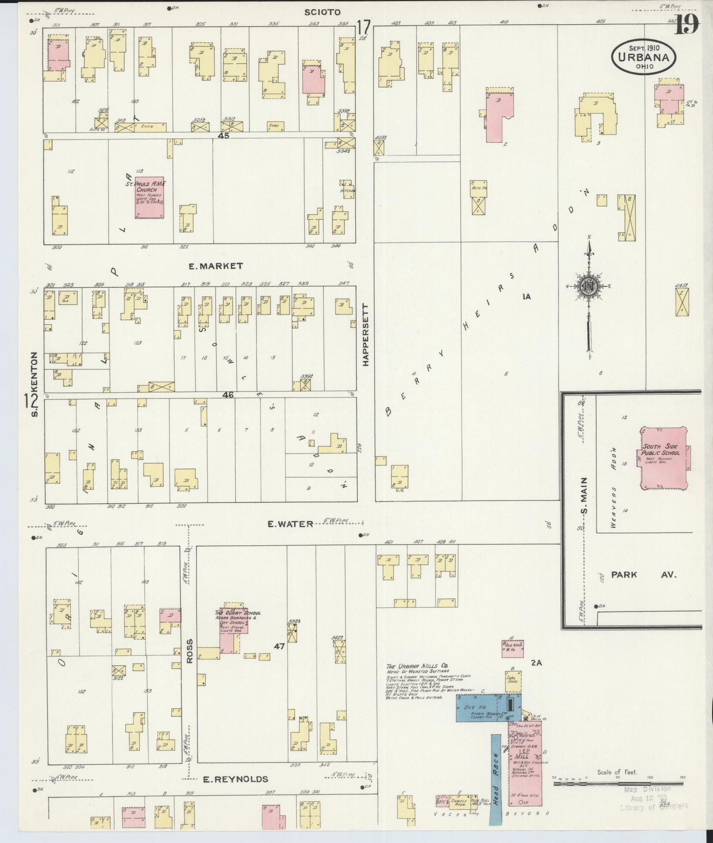 Sanborn Fire Insurance Map from Urbana, Champaign County, Ohio (1910), Sheet #0019 - Historic Sanborn Fire Insurance Map Print, vintage old map wall art, antique decor, genealogy gift, Ohio Ohio map