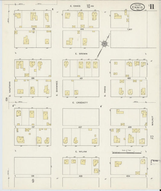 Sanborn Fire Insurance Map from Ennis, Ellis County, Texas (1915), Sheet #0011 - Historic Sanborn Fire Insurance Map Print, vintage old map wall art, antique decor, genealogy gift, Texas Texas map