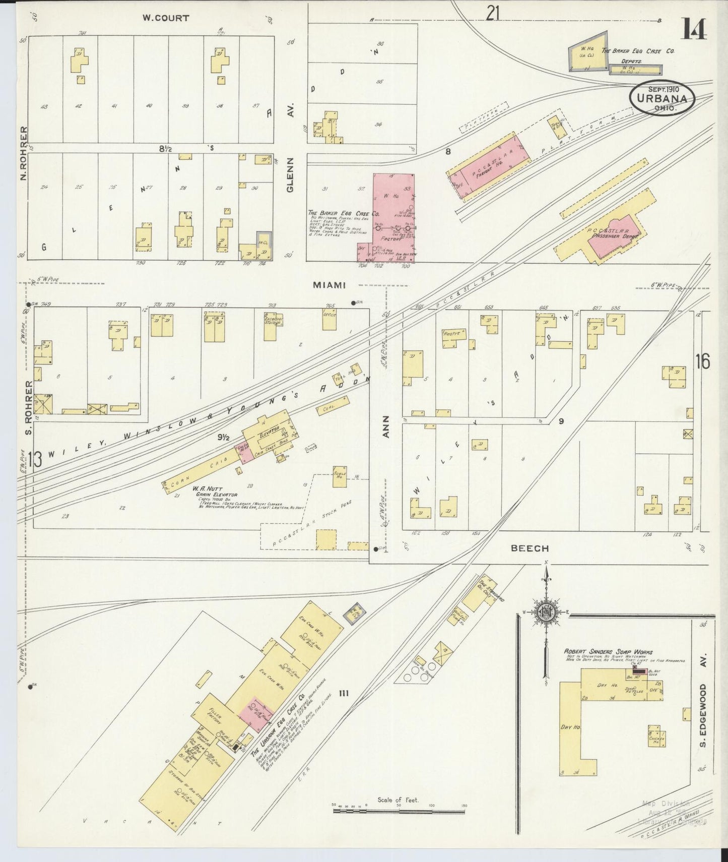 Sanborn Fire Insurance Map from Urbana, Champaign County, Ohio (1910), Sheet #0014 - Historic Sanborn Fire Insurance Map Print, vintage old map wall art, antique decor, genealogy gift, Ohio Ohio map
