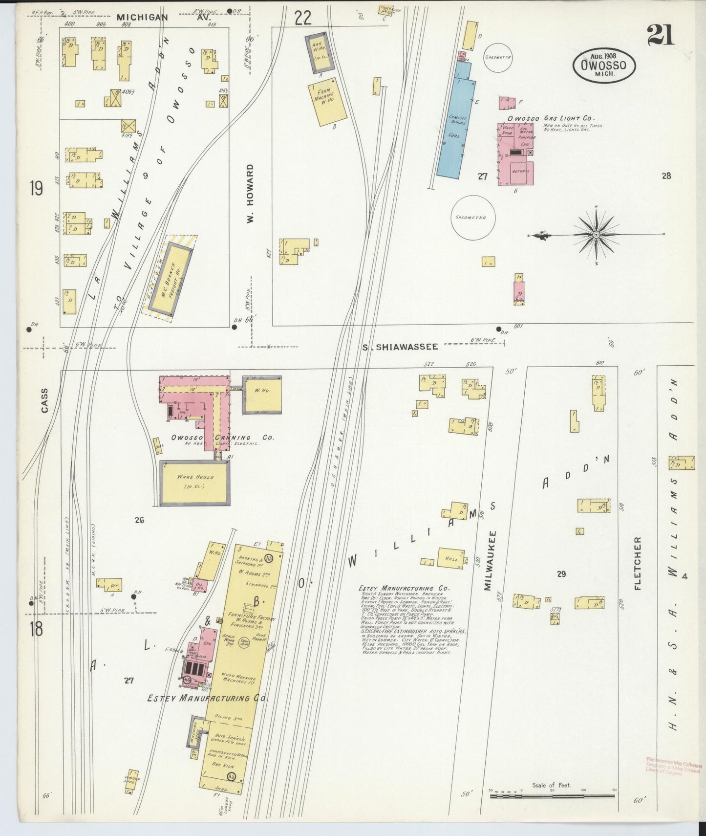 Sanborn Fire Insurance Map from Owosso, Shiawassee County, Michigan (1908), Sheet #0021 - Complete Map Set gallery image, historic Sanborn map, vintage wall art, Michigan Michigan