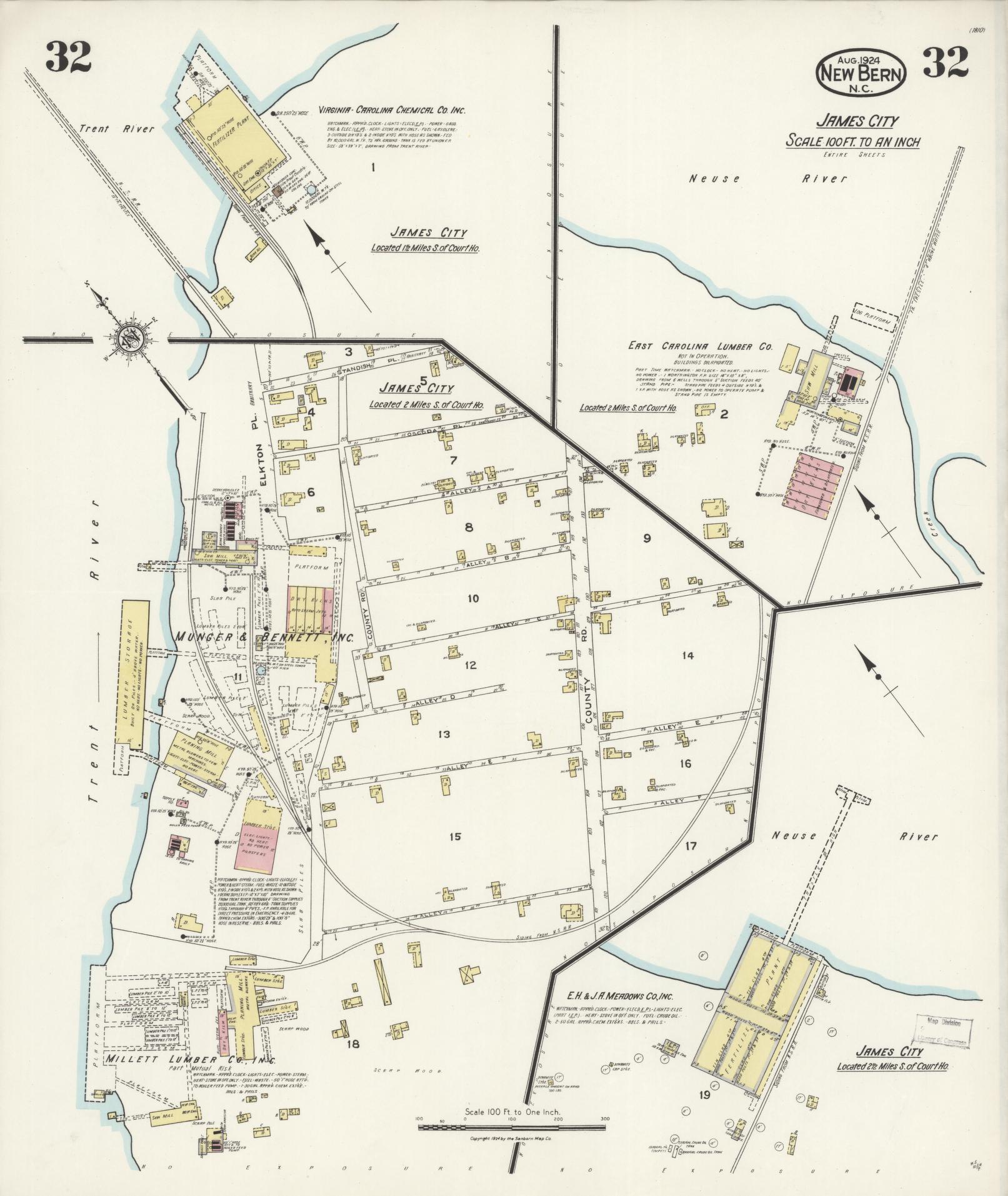 Sanborn Fire Insurance Map from New Bern, Craven County, North Carolina (1924), Sheet #0032 - Historic Sanborn Fire Insurance Map Print, vintage old map wall art, antique decor, genealogy gift, North Carolina North Carolina map