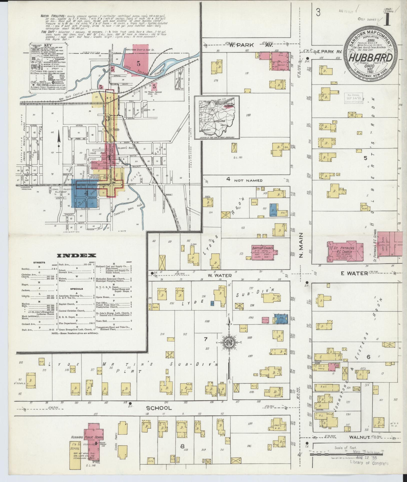 Sanborn Fire Insurance Map from Hubbard, Trumbull County, Ohio (1921), Sheet #0001 - Historic Sanborn Fire Insurance Map Print, vintage old map wall art, antique decor, genealogy gift, Ohio Ohio map