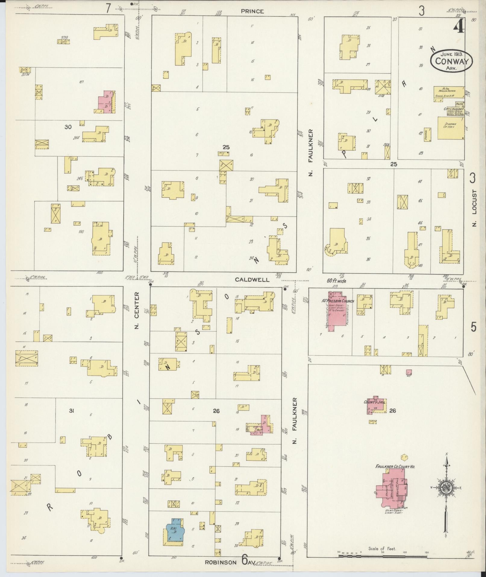Sanborn Fire Insurance Map from Conway, Faulkner County, Arkansas (1913), Sheet #0004 - Historic Sanborn Fire Insurance Map Print, vintage old map wall art, antique decor, genealogy gift, Arkansas Arkansas map