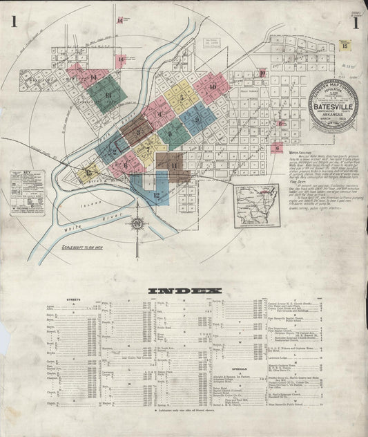 Sanborn Fire Insurance Map from Batesville, Independence County, Arkansas (1923), Sheet #0001 - Historic Sanborn Fire Insurance Map Print, vintage old map wall art, antique decor, genealogy gift, Arkansas Arkansas map