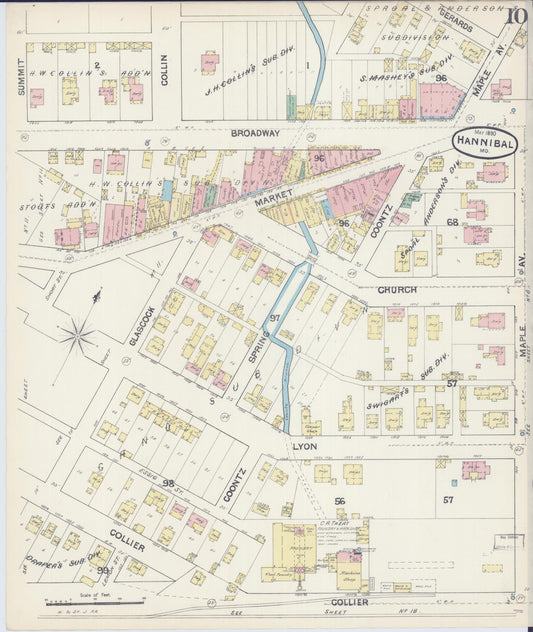 Sanborn Fire Insurance Map from Hannibal, Marion County, Missouri (1890), Sheet #0010 - Historic Sanborn Fire Insurance Map Print, vintage old map wall art, antique decor, genealogy gift, Missouri Missouri map