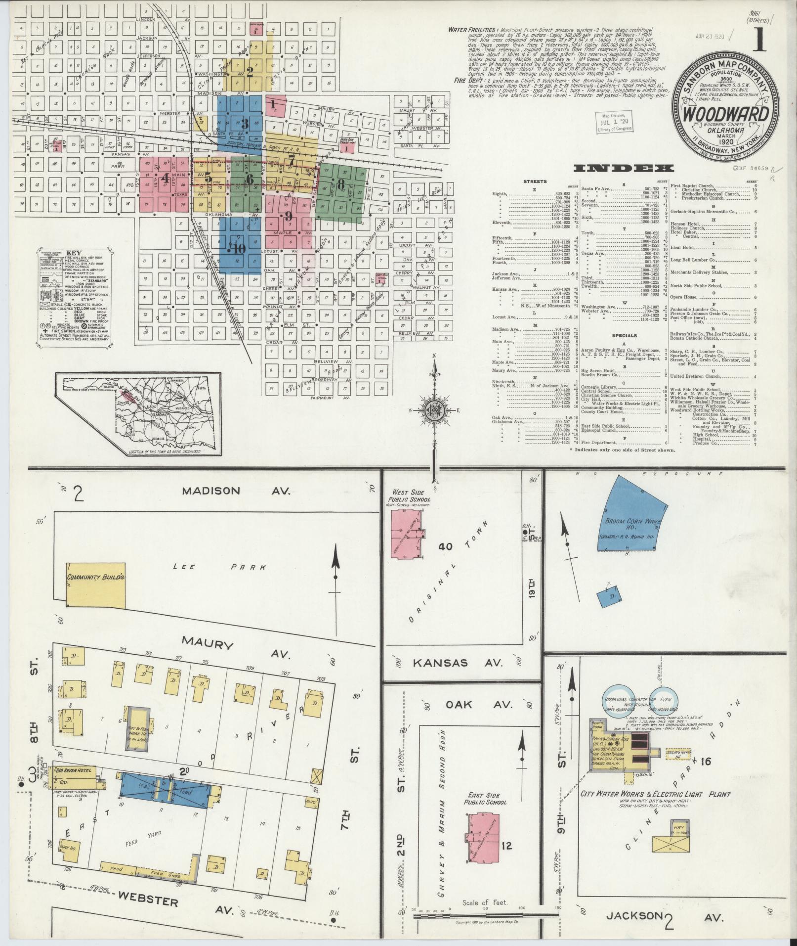 Sanborn Fire Insurance Map from Woodward, Woodward County, Oklahoma (1930), Sheet #0001 - Complete Map Set gallery image, historic Sanborn map, vintage wall art, Oklahoma Oklahoma