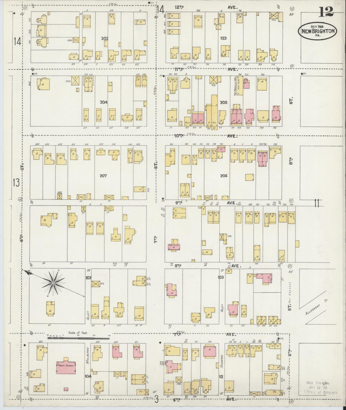 Sanborn Fire Insurance Map from New Brighton, Beaver County, Pennsylvania (1906), Sheet #0012 - Historic Sanborn Fire Insurance Map Print, vintage old map wall art, antique decor, genealogy gift, Pennsylvania Pennsylvania map